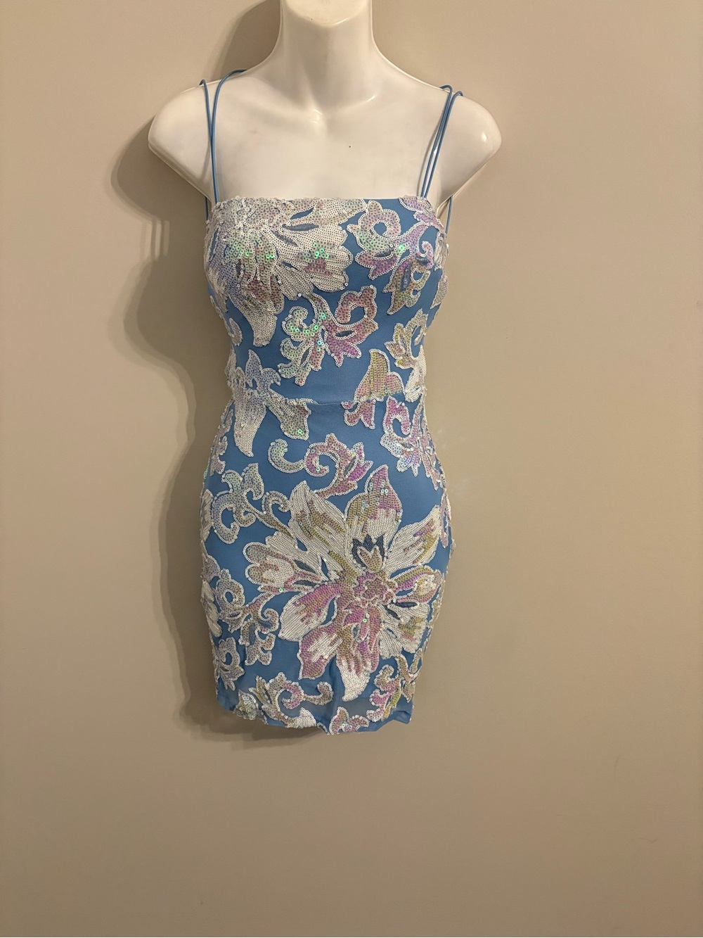 B Darlin Blue Floral Sequin Spaghetti Strap Mini Dress